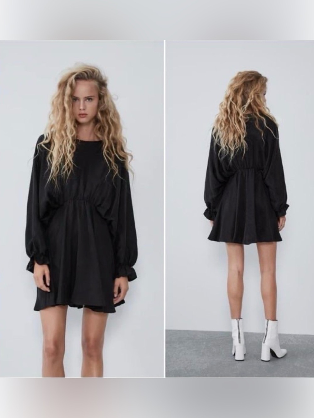 Zara Black Long-Sleeve Mini Dress with Balloon Sleeves